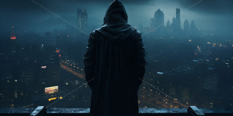 A man with a hoodie against the background of a city - Starpik Stock