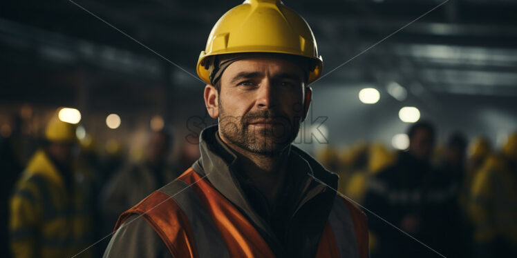 A man with a yellow protective helmet in the foreground - Starpik Stock