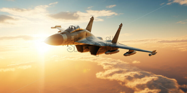 A military fighter jet in a sunset sky - Starpik Stock