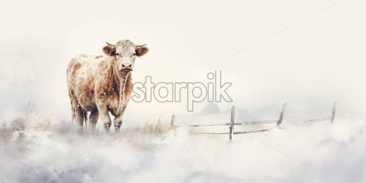 A minimalist watercolor painting with a cow in winter style - Starpik Stock