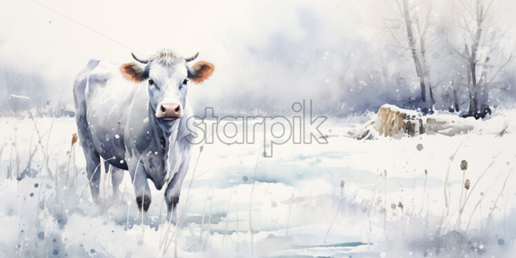 A minimalist watercolor painting with a cow in winter style - Starpik Stock