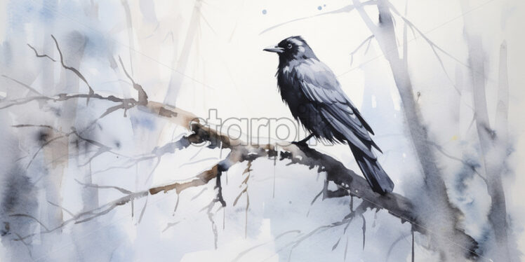 A minimalist watercolor painting with a crow on a branch in winter style - Starpik Stock