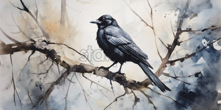 A minimalist watercolor painting with a crow on a branch in winter style - Starpik Stock