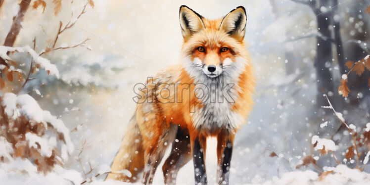 A minimalist watercolor painting with a fox  in winter style - Starpik Stock