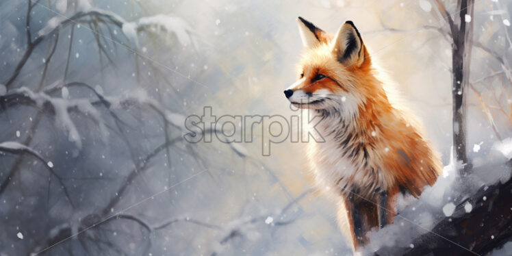 A minimalist watercolor painting with a fox  in winter style - Starpik Stock