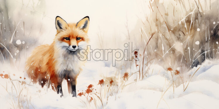 A minimalist watercolor painting with a fox  in winter style - Starpik Stock