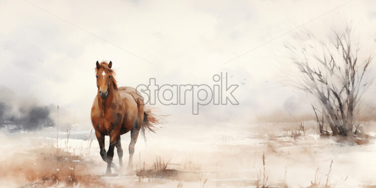 A minimalist watercolor painting with a horse in winter style - Starpik Stock