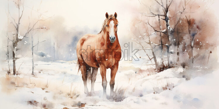 A minimalist watercolor painting with a horse in winter style - Starpik Stock