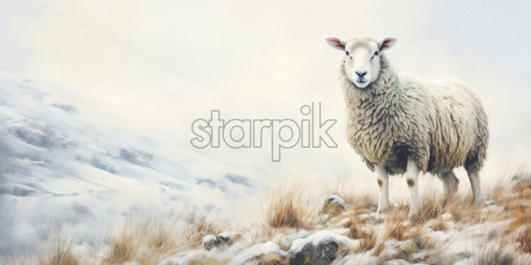 A minimalist watercolor painting with a sheep in winter style - Starpik Stock