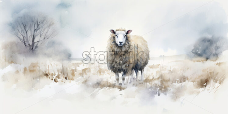 A minimalist watercolor painting with a sheep in winter style - Starpik Stock