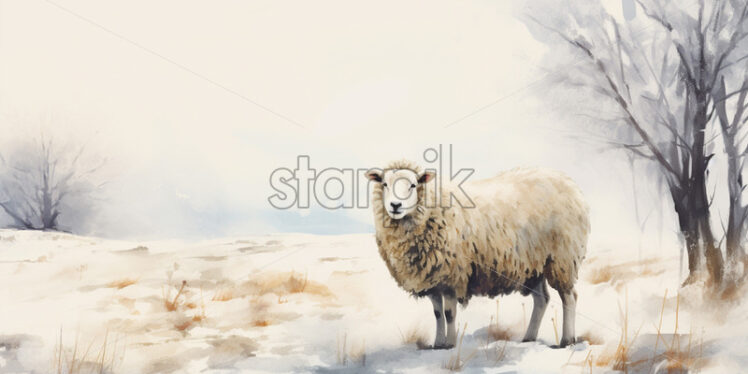 A minimalist watercolor painting with a sheep in winter style - Starpik Stock