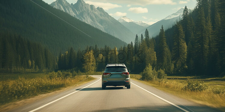 A minivan traveling through forested mountains - Starpik Stock