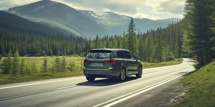 A minivan traveling through forested mountains - Starpik Stock