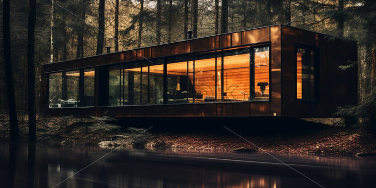 A modern house in a forest on the bank of a river - Starpik Stock