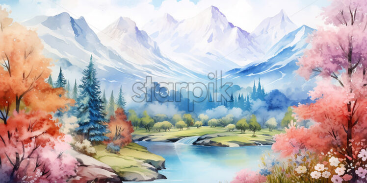 A mountain landscape created in watercolor - Starpik Stock