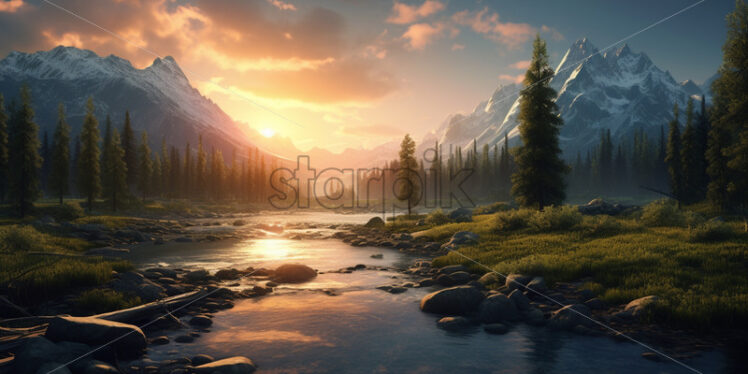 A mountain landscape with a river, mountains and forests at sunset - Starpik Stock