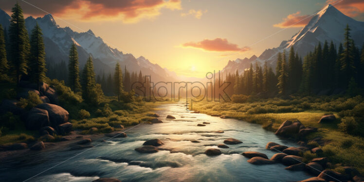 A mountain landscape with a river, mountains and forests at sunset - Starpik Stock