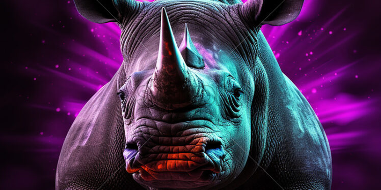 A neon rhinoceros on a black background - Starpik Stock