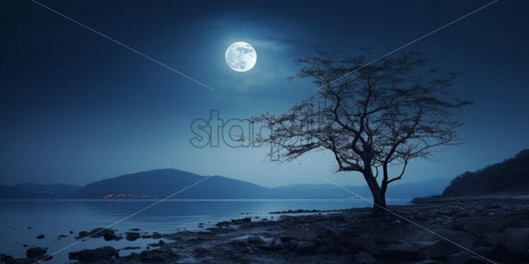 A night landscape with the sky lit by a full moon - Starpik Stock