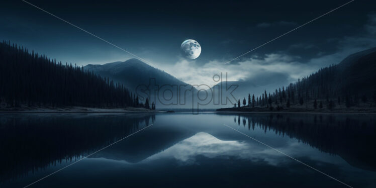 A night landscape with the sky lit by a full moon - Starpik Stock