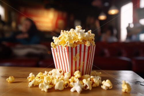 A packet of popcorn on a table in a cafe - Starpik Stock