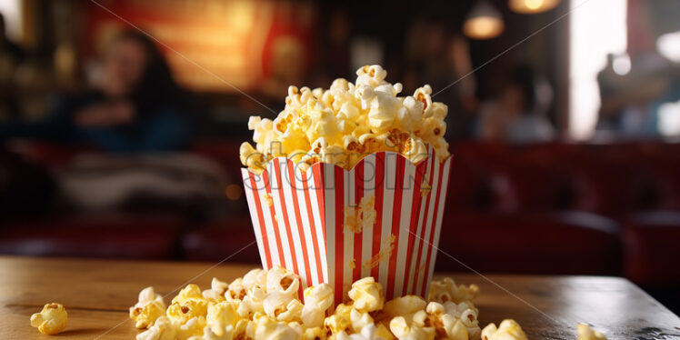 A packet of popcorn on a table in a cafe - Starpik Stock