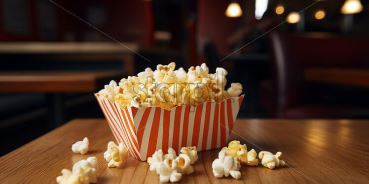 A packet of popcorn on a table in a cafe - Starpik Stock