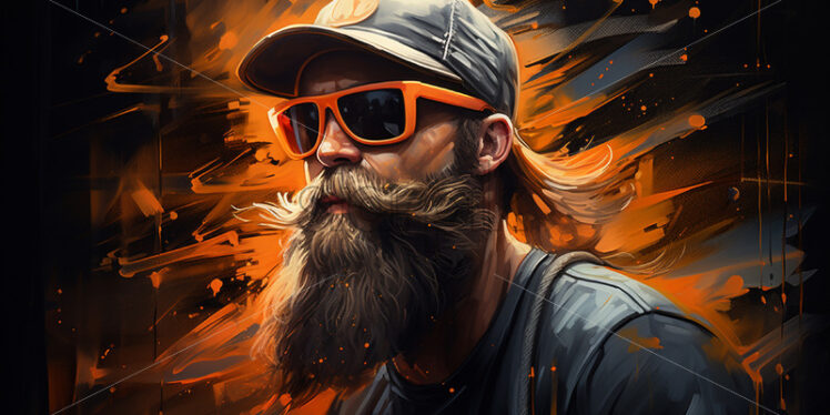 A painting of a man with a beard and an orange baseball cap - Starpik Stock