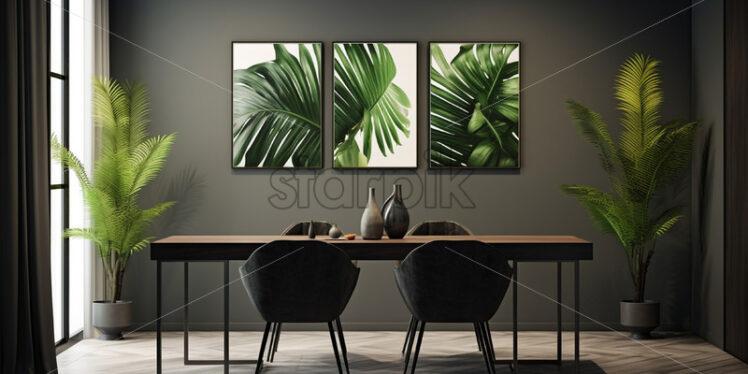 A painting of tropical leaves on a gray wall - Starpik Stock