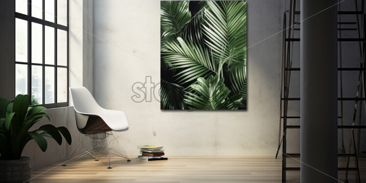 A painting of tropical leaves on a gray wall - Starpik Stock