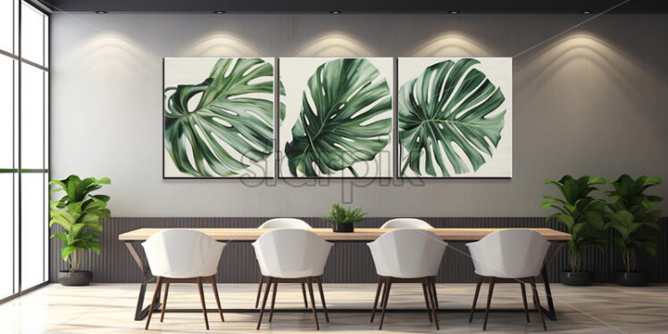 A painting of tropical leaves on a gray wall - Starpik Stock