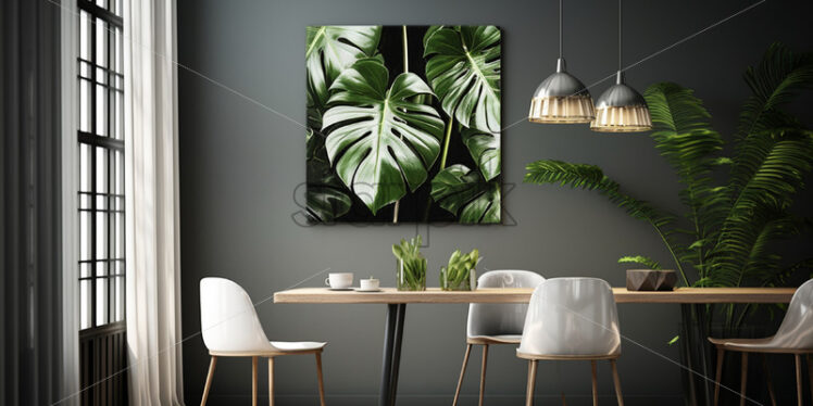 A painting of tropical leaves on a gray wall - Starpik Stock