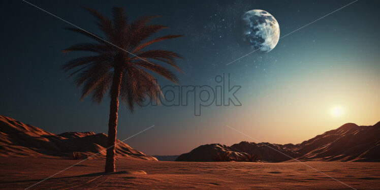 A palm tree in the desert with the moon in the background - Starpik Stock