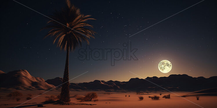 A palm tree in the desert with the moon in the background - Starpik Stock