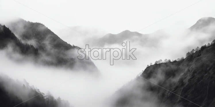 A panorama of some rocks in the fog, black and white image - Starpik Stock