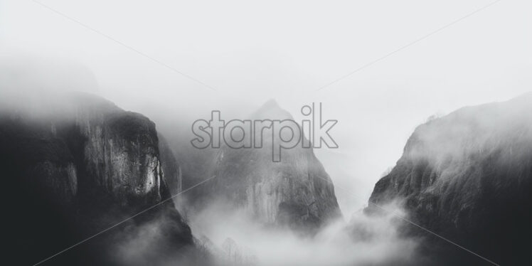 A panorama of some rocks in the fog, black and white image - Starpik Stock