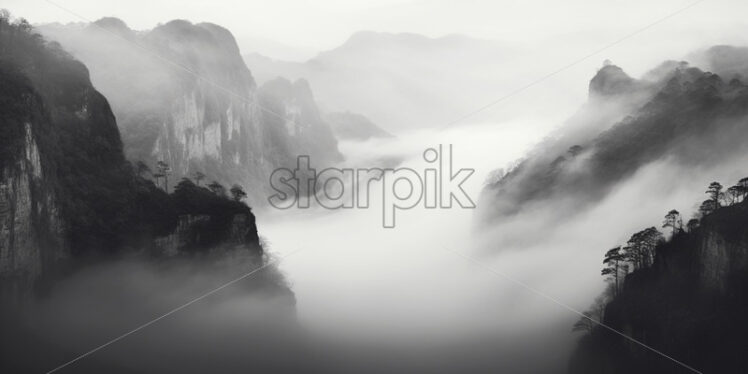 A panorama of some rocks in the fog, black and white image - Starpik Stock