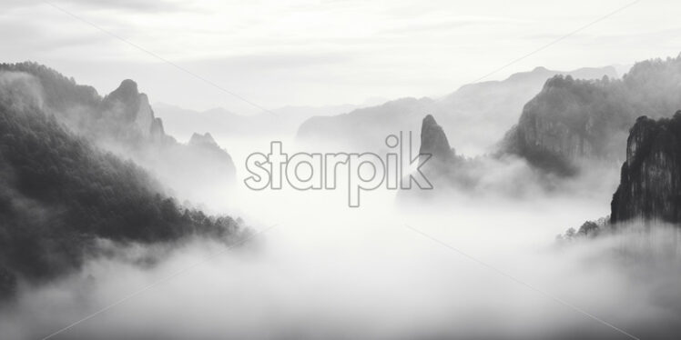 A panorama of some rocks in the fog, black and white image - Starpik Stock