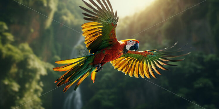 A parrot flies through the jungle - Starpik Stock