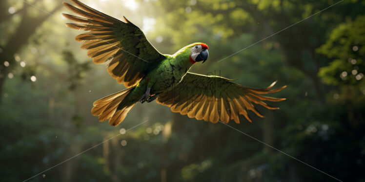 A parrot flies through the jungle - Starpik Stock