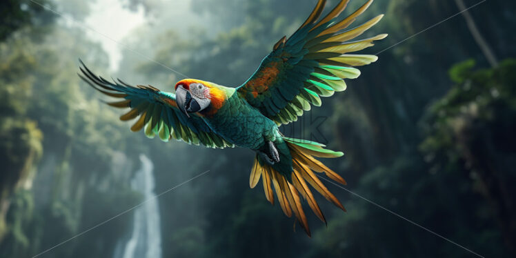 A parrot flies through the jungle - Starpik Stock