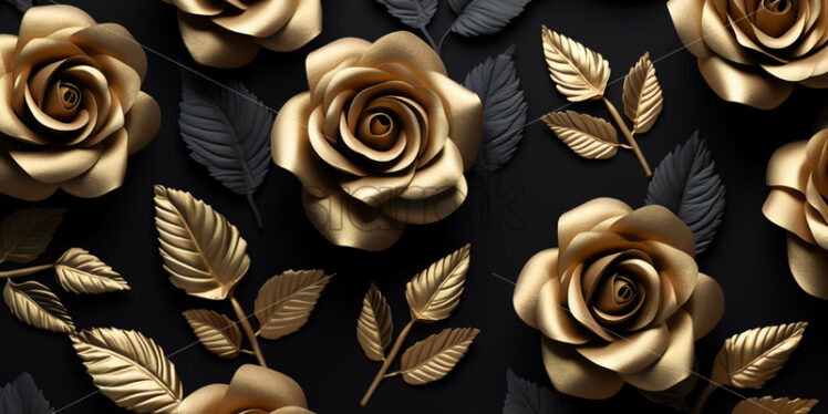 A pattern of golden roses on a black background - Starpik Stock