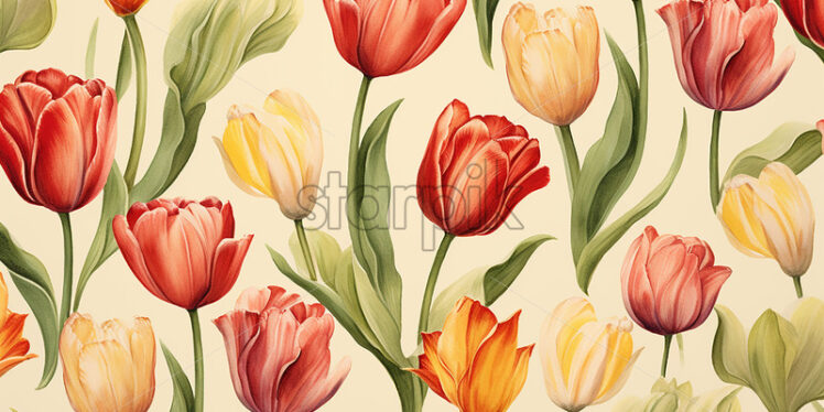 A pattern of tulips on a black background,  watercolor - Starpik Stock