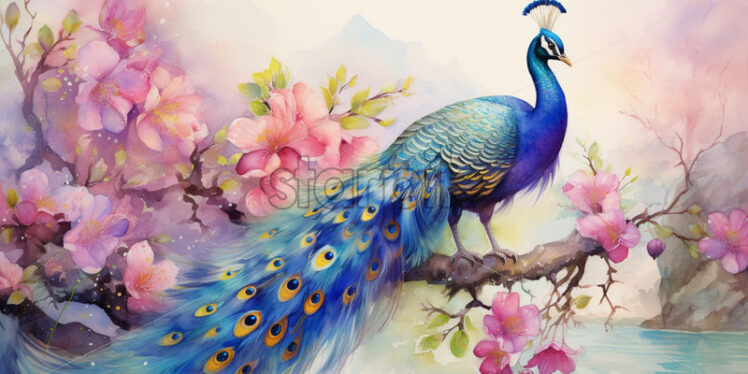 A peacock on a branch full of flowers watercolor painting - Starpik Stock