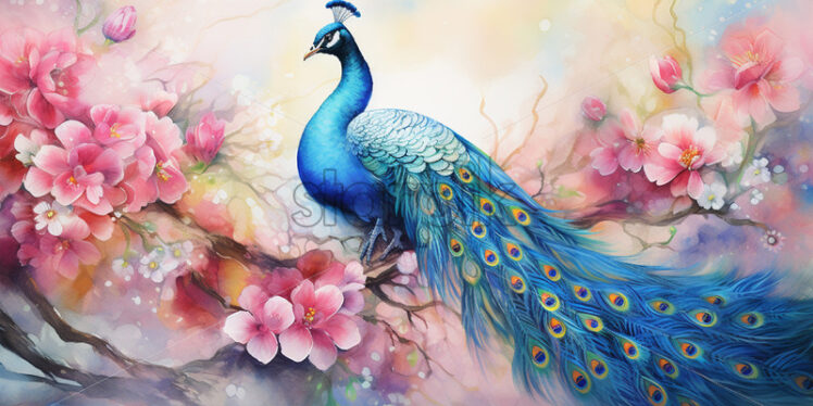 A peacock on a branch full of flowers watercolor painting - Starpik Stock