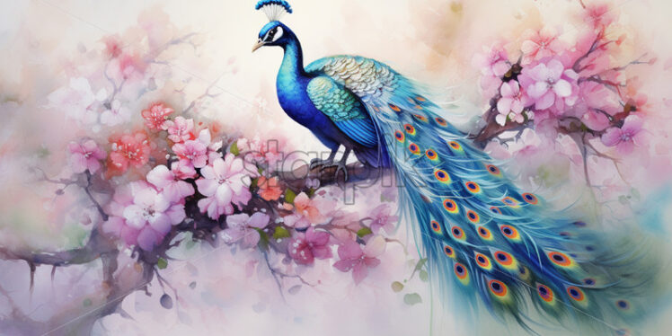 A peacock on a branch full of flowers watercolor painting - Starpik Stock