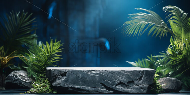 A piece of stone in the form of a podium in a studio, lots of greenery - Starpik Stock