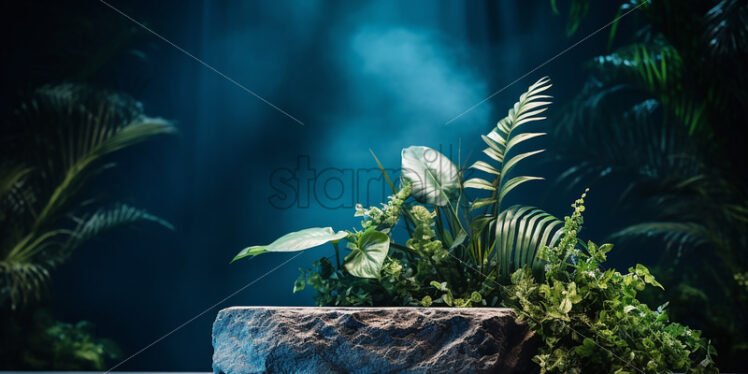 A piece of stone in the form of a podium in a studio, lots of greenery - Starpik Stock