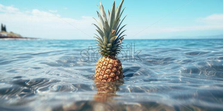 A pineapple floating in an ocean - Starpik Stock