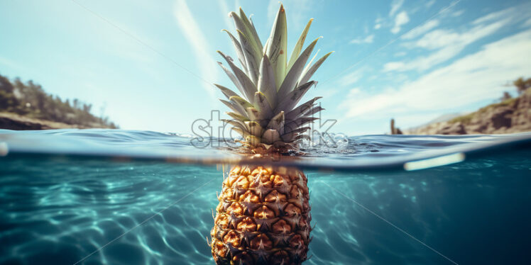 A pineapple floating in an ocean - Starpik Stock